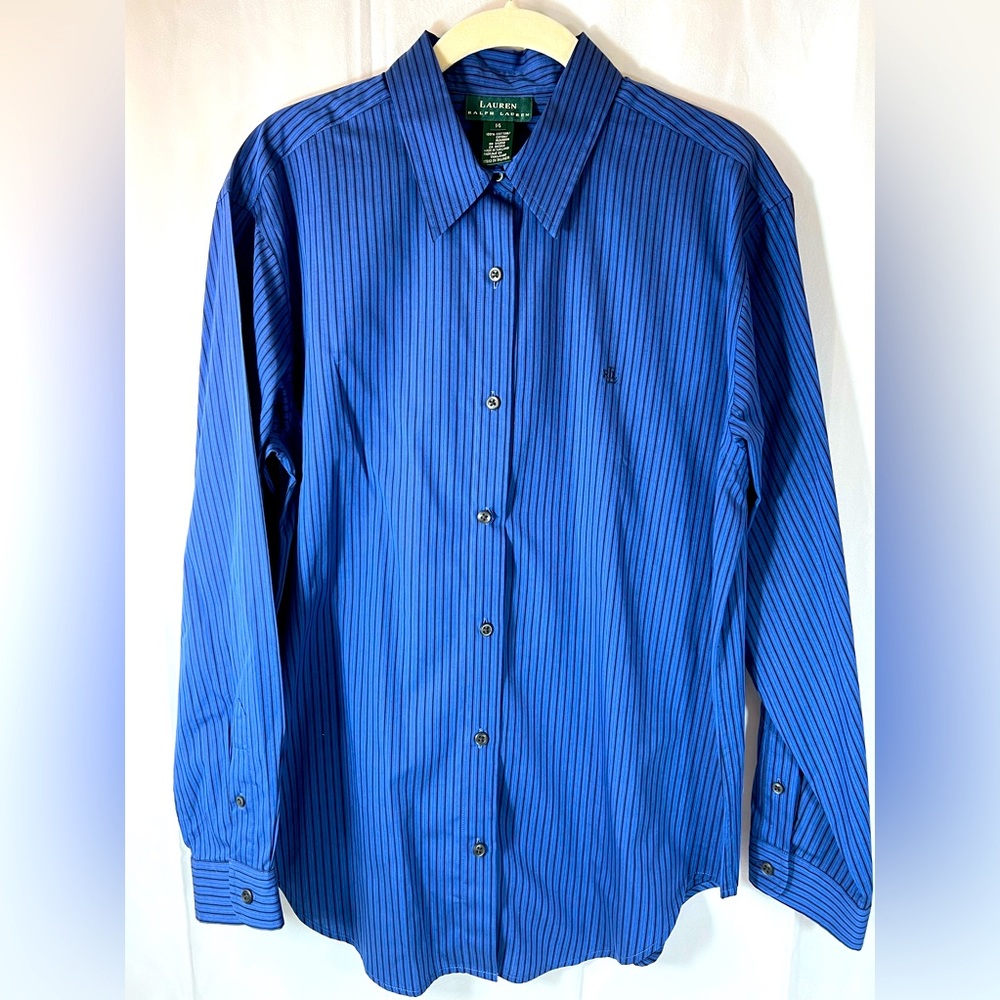 RALPH LAUREN Classic Button Up Shirt Embroidered Logo Black Blue Stripe 14 VTG